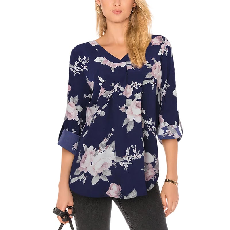 Youtalia Womens Dressy Casual Blouses Loose V Neck 3/4 Sleeve Tops Tunics,Multicolor Blue,XL - Image 1